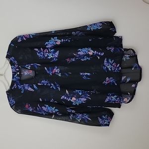 Face Face Black Floral Print Sheer High Low Blouse S